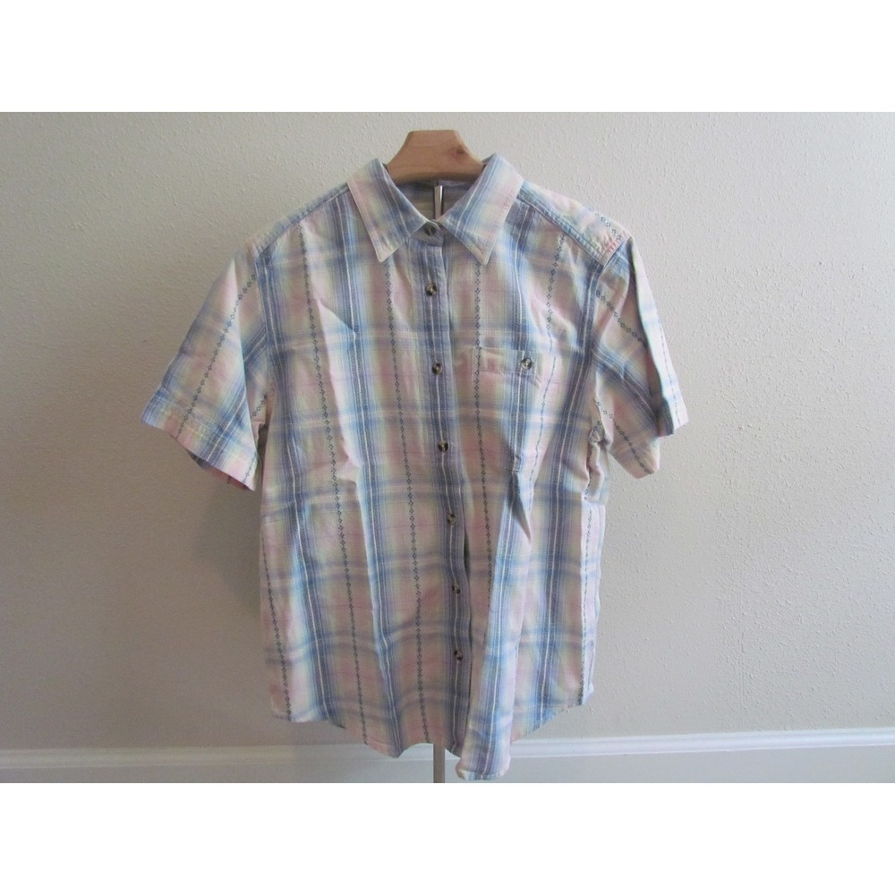 Vintage Cabin Creek Button Up Shirt Petite M Pastel Plaid Embroidered Cotton